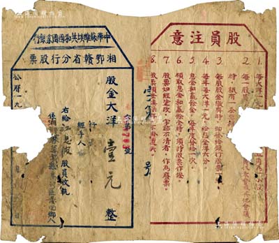 1932年中华苏维埃共和国国家银行湘鄂赣省分行股票，股金大洋壹元（属一大股），由万载县高村区人江？波氏所承购，背印“股员注意”文字；中华苏维埃共和国国家银行，可谓是中国人民银行之前身，而湘鄂赣革命根据地更是由无产阶级革命家彭德怀、滕代远和黄公略等所创建；中国金融业老股票之无尚级大珍品，诚属珍贵之红色革命文物，历史意义厚重无比；有破损，保存尚可，敬请预览