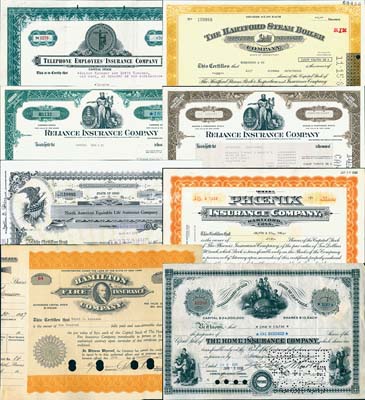 外商保险公司老股票8种，详分：1930年好望保险公司股票100股计1000美元，此乃著名外商保险公司，自1920年前来华，主要在上海等地开展保险业务；1927年汉密尔顿火灾保险公司100股计5000美元；（美国）凤凰保险公司股票1954年5股，此乃著名之外商保险公司，自清末以来便进入中国和香港等地广推业务；电话雇员保险公司1962年7股；北美公平人寿保险公司1968年100股；