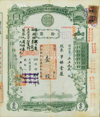 民国十九年（1930年）商办汉镇既济水电股份有限公司股票，灰绿色壹股计国币拾圆，票上公司领导之姓名分别改印为刘少岩（宋子文同学、慎昌洋行买办）、李荻心、汪书城（曾任湖北省政府委员兼民政厅长）、周伯皋，甚是特别；该公司为中国近代著名之民族企业，此种图案股票之第二版签名券，少见，八成新