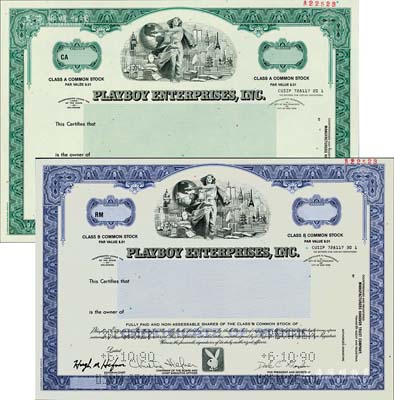 1990年（美国）花花公子公司股票样本共2种不同，其中绿色为A股、紫色为B股，上印女神城景图和经典的兔子LOGO，源于美国印钞厂档案，全新