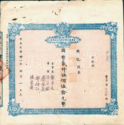 民国卅一年（1942年）重庆银行股份有限公司股票，面额为国币贰仟伍佰伍拾元（每股伍拾元），票上股东典记即为四川名人甘典夔氏（曾任刘湘21军政务处长、四川省府委员兼民政厅长等职，对四川之教育事业颇有建树），附带有甘典夔氏之股权登记表1张；七五成新（另附甘典夔氏人物介绍资料一份）