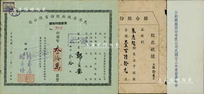 上海老股票等3张，详分：1934年《公勤铁厂股份有限公司民国廿三年度营业报告》1份，其上内容颇为稀见，且有立信会计事务所潘序伦署名之证明书；1947年民孚染织厂股份有限公司股款临时收据，叁拾股计国币叁拾万圆；1949年联合股份有限公司股款收据，面额金圆券壹百陆拾元；七至八五成新