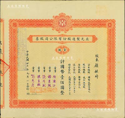 民国廿五年（1936年）亚光制造股份有限公司股票，壹股计国币壹佰圆，其承购股东顾毓琦氏乃上海名医（曾任同德医学院院长），票上董事张叔驯乃“南浔四象”张氏家族子弟、中国古钱币收藏一代宗师；罕见品，八成新