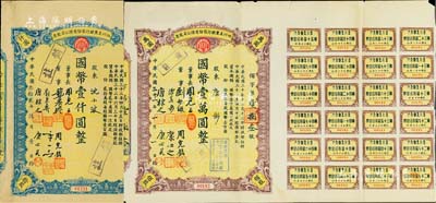 四川美丰银行股份有限公司股票共2种不同，详分：1942年佰股计国币壹万圆，票上股东康彤乃该行总经理康心如三女儿；1943年拾股计国币壹仟圆，均附带股红息票，七至八成新