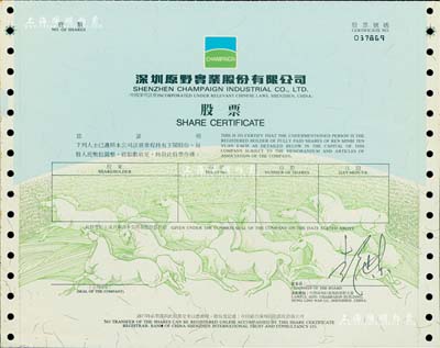 深圳原野实业股份有限公司股票，未填用，上印奔马图；该公司乃昔日“深圳股王”，属深市“老五股”（发展、万科、金田、安达、原野）之一，富有时代特色，九五成新