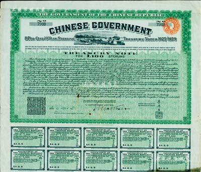 1919年中华民国政府对外发行“中国政府八厘十年期金库券”（即费克斯借款之军火公债）100镑，由北洋政府财政总长李思浩签署，背面印有中文；森本勇先生藏品，八成新
