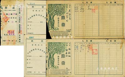 山东解放区老股票等共5枚，详分：1946年招北县金峇区民生酱园合作社股票，入股款数贰佰元，且为发行之“民字第壹号”；荣成县俚岛油业合作社股票未填用2枚；1951至1953年林业合作社股票2枚，面额各异；七至八成新