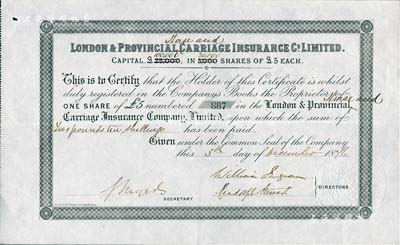 1876年英国伦敦及外省保险有限公司股票，1股计5镑，该公司曾于1863年在上海设立代理处；英国藏家出品，少见，九成新