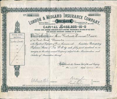 1914年伦敦和米德兰保险有限公司股票，优先股1000股（每股10先令），此为英国早期著名之保险公司，自清末就在香港和中国等地设有分支机构；英国藏家出品，罕见，近八成新