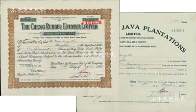老上海橡胶股票2种，详分：1947年Kroewoek Java Plantations（爪哇橡胶种植园）股票，面额1000股（每股银10两），内有水印；1948年Cheng橡胶地产有限公司股票，面额1000股（每股港币0.5元），此二公司均注册于香港，其股票在上海发行；八成新