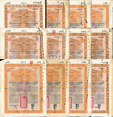 1898年大清中华帝国政府英德续借款金债券50镑、100镑各6枚，合计共12枚，均由德华银行（Deutsch-Asiatische Bank）代理发行，驻英公使罗丰禄签章，海外藏家出品，七至八成新