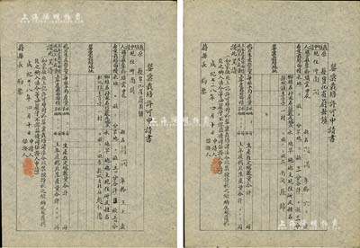 成纪七三八年（1943年）“罂粟栽培许可申请书”共2份，记录宣化省蔚县镇农民种植罂粟之情况，且列明栽培面积、地址、鸦片生产数量等；此乃蒙疆日伪政权种植、生产鸦片之历史罪证，保存甚佳，敬请预览