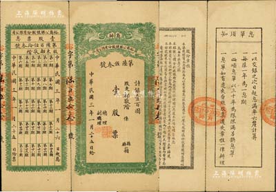 民国三年（1914年）商办裕商公银号股份有限公司股票，壹股票计银壹百圆，上印双龙戏珠图，背印股份章程，且附带有息票；四川老股票之大珍品，亦属首度公诸于阳明拍卖，八成新