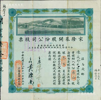 民国二十八年（1939年）宋隆基闸股份公司股票，陆拾股共银叁百员，（注：宋隆基闸位于肇庆市高要金渡镇，由孙中山女婿戴恩赛任广东治河督办时所领导修建），上印该闸开幕典礼照片图，少见且形制美观，八成新