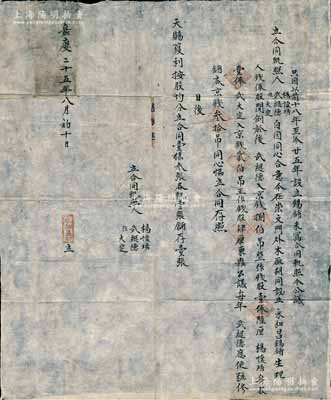 嘉庆二十五年（1820年）老北京股份“合同执照”一份，事为“杨怀琇、武继德、武大定等人因同心合意，在崇文门外木厂胡同设立永和昌锡铺生理”，内有武继德入京钱800吊作钱股壹俸陆厘、杨怀琇身股壹俸、武大定入京钱200吊作钱股肆厘，且约定日后获利按股均分等情，该合同仅订立3份；此种早期“嘉庆”年号之传统式股份合同存世罕见，值得珍视和推重，保存甚佳，敬请预览