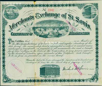 1882年美国圣路易斯商品交易所会员资格证书1张，属第一版最早期年份；此种十九世纪的美国交易所交易商会员证书，存世十分罕见，值得珍视和推重；美国著名藏家出品，八成新