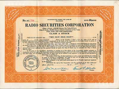 1929年美国电台证券公司股票，面额100股（每股5美元），少见，八成新