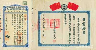 伪满洲国康德三年（1936年）哈尔滨市道外·同记总号股款临时收据，肆拾肆股计国币陆佰拾陆圆，七至八成新（另附：1950年奉化县县立松岙乡小学毕业证书1张，上印二国旗和政协标志）