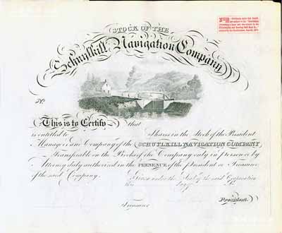 1870年美国斯古吉尔航运公司股票，未填用发行，此乃美国最早期古典式老股票之一，乃用羊皮纸印制，与众不同且存世罕见，九成新