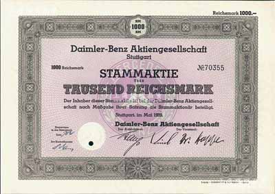 1939年（德国）奔驰汽车公司股票（全称“戴姆勒-奔驰汽车公司”）1000马克，上印奔驰汽车“三叉星”标志，且有满版水印；该公司为世界商用汽车的最大跨国制造企业，素以生产优质高价的奔驰轿车著称于世；德国藏家出品，少见，九五成新