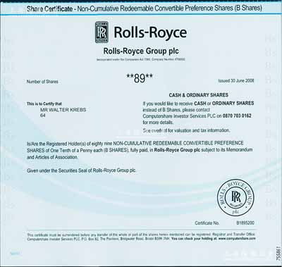 2008年（英国）劳斯莱斯汽车公司股票，B股89股，上印有汽车品牌“双R”标志；该公司成立于1906年，以一个“贵族化”的汽车公司享誉全球，同时也是世界三大航空发动机生产商之一，至2003年被归入宝马集团；德国藏家出品，少见，九成新