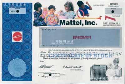 1992年（美国）美泰公司股票样张，雕刻版印刷，票上印有华裔儿童等；这是世界最大的玩具公司，主要品牌有全球最畅销的芭比娃娃等；海外藏家出品，源于美国钞票公司档案，全新