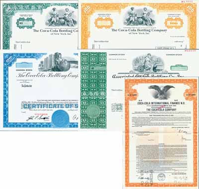 1970至1982年（美国）可口可乐公司股票、债券样张共5种不同，其中：4张为股票，图案、颜色各异，发行地分纽约和迈阿密等，面额或空白、或定额100股、或限定100股以内；债券1张，1982年面额1000美元；源于美国印钞厂档案，雕刻版印刷极其精致；海外藏家出品，八五至全新