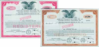 1968年（美国）百事可乐公司5000美元、10000美元债券样张共2种不同，海外藏家出品，雕刻版印刷，源于美国印钞厂档案，少见，九成新