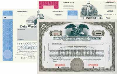 1960至1989年美国著名工业企业股票样张共3种不同，源于美国印钞厂档案，雕刻版印刷极其精致；海外藏家出品，全新