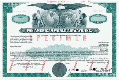 1966年（美国）泛美航空公司债券样本，票上图案极其精美，雕刻版印刷；海外藏家出品，源于美国印钞厂档案，全新