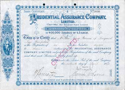 1896年英国保诚保险有限公司股票，面额150股（每股5镑），该公司即为当今英国最大的人寿保险公司保诚集团，也是全球最大的上市公司，自清末即进入中国和香港设立分支机构，广泛开展业务，在业内久负盛名，尤以赔偿“泰坦尼克号”遇难者家属而广受赞誉；少见，八成新