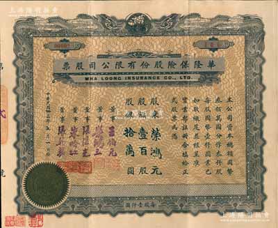 民国卅三年（1944年）华隆保险股份有限公司股票，壹百股计股银拾万圆，上印双龙地球图，票上董事王伯元乃上海滩金业大王、荣鸿三乃无锡荣氏家族（荣宗敬之次子，荣毅仁堂兄）；此股票之发行号码仅为00002号，其承购股东为荣宗敬长子、著名实业家荣鸿元氏，尤为值得珍视；源于著名收藏家郑家庆先生之旧藏，盖有收藏章，八五成新