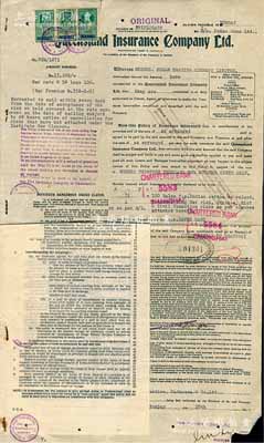 1940年（澳大利亚）昆士兰保险公司保单，投保从印度孟买运至上海之货物，少见，近八成新