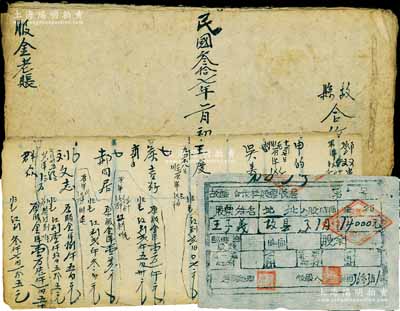 民国36年（1947年）故县合作社股票，面额14000元，另附1948年《故县合作社股金老账》1册，内列所有股东之股份明细，属晋冀鲁豫解放区之股份资料，能保存如此完整者颇为难得；八成新