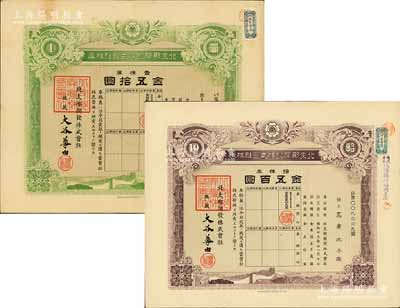 昭和十三年（1938年）北支那开发株式会社株券共2枚不同，详分：壹株券金五拾圆、拾株券金五百圆，有水印；该公司属日本侵华在华北之“国策公司”，票上总裁大谷尊由是著名的敦煌等地盗宝者大谷光瑞之弟，曾任日本贵族院议员和拓务大臣；八至九成新