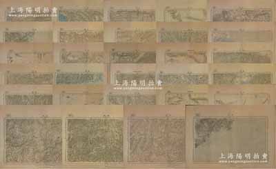 清末时期中国各大城市地图等共65张不同，均为四开大小（约580×420mm），内含：北京、吉林、呼兰、齐齐哈尔、伯拉郭威什琛斯克、乌鲁伯斯古也、博尔多站、墨尔根（瑷珲）、图们江口、奉天、昌图、镜城、承德、和岳尔西巴尔、乃耳青斯克、海拉尔站、多伦、多伦诺尔、赛尔乌苏、恰克图、库伦、西库伦、沙布克台、密海罗色明、古拉夫斯几、浦潮斯德、包头、明安、乞塔、额尔吉、克鲁伦、济南、胶州、太