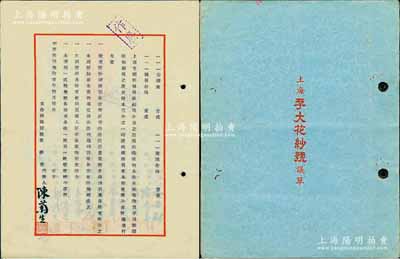 1942年《上海孚大花纱号议单》1册，该公司资本中储券75000元，计300股，每股250元，内中详列各股东之出资状况、公议条款等详情，极富传统之内涵，保存甚佳，敬请预览