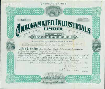 1920年英商联合工业有限公司股票，普通...