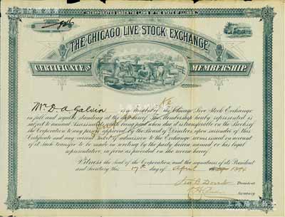 1894年芝加哥证券交易所·交易商会员资格证书1张，早期版（与之前拍卖者略有不同），内有水印；该交易所成立于1882年，据2016年2月新华社报道，该交易所已同意接受以中国重庆财信企业集团有限公司为首的投资者财团的收购，即将成为中国企业收购美国交易所的首例；海外藏家出品，罕见，七成新
