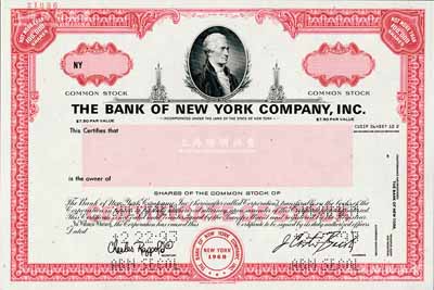 1968年纽约银行股票样本，此股票定额在10万股以内，源于美国印钞厂档案，雕刻版印刷，少见，全新