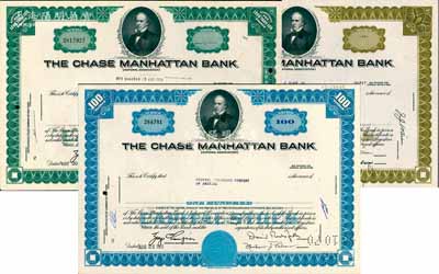 （纽约）大通曼哈顿银行股票3种，详分：1966年蓝色定额100股，1969年绿色1股、橄色10股；该行为世界金融业巨头，2000年与摩根合并，现称摩根大通银行，八五成新