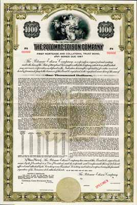 1957年（美国）波托马克爱迪生公司债券样本，面额1000美元，附带有完整息票；该公司由著名物理学家、电灯发明者爱迪生所创办，源于美国钞票公司档案，雕刻版印刷，八五成新