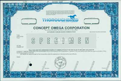 1982年欧米茄公司股票样张，源于美国印钞厂档案，雕刻版印刷，内有水印；欧米茄，乃世界著名之手表品牌，驰名世界逾百年；美国藏家出品，少见，全新