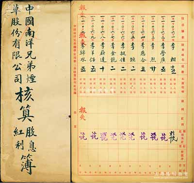 民国时期《中国南洋兄弟烟草股份有限公司（第二届）核算股息、红利簿》1册，大开本厚达数十页，内中详细记载所有股东姓名、股票号数、股数、分红股利金额等明细，且内中股东亦涉及各届名人，保存尚佳，值得细览和研究