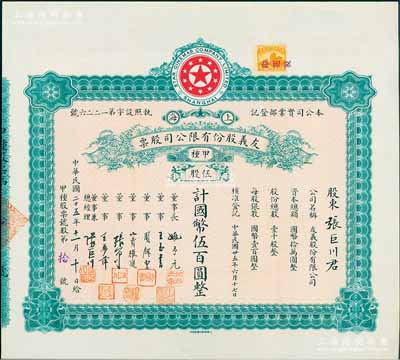 民国二十五年（1936年）上海·友义股份有限公司股票，甲种伍股计国币伍百圆，票上董事周剑云、张石川均为中国第一代电影导演，而承购股东即为董事兼总经理张巨川氏；该公司创办于1936年，其前身即为著名之“明星影片公司”，可谓中国近代电影业之“开山鼻祖”；八五成新