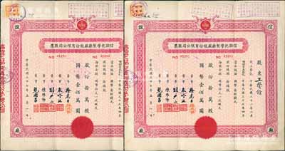 民国三十七年（1948年）信谊化学制药厂股份有限公司股票共2枚连号，拾万股计国币壹佰万圆，票上盖有解放后资本调整之戳记，八五成新