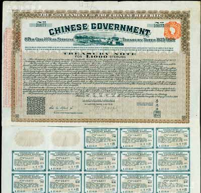 1919年中华民国政府对外发行“中国政府八厘十年期金库券”（即费克斯借款之军火公债）1000镑，由北洋政府财政总长李思浩签署，背面印有中文；此债券及债务，后由南京国民政府所继承，故补印之息票均由财政部长孔祥熙签署；英国藏家出品，此最大面额券仅发行519枚，少见，八成新