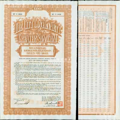 民国二十一年（1932年）上海市灾区复兴市政公债壹仟元，正面英文，背面有中文，由上海市市长吴铁城和利安洋行经办人签名，附带有息票；少见，九成新