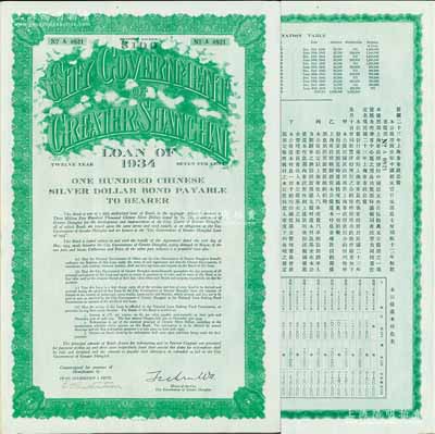 民国二十三年（1934年）上海市市政公债壹百元，正面英文，背面有中文，由上海市市长吴铁城、新丰洋行葛勃生签名，附带有息票；少见，九成新