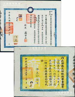 民国时期毕业证书共2件，详分：1941年“中国国民党中央政治学校公务员训练部高等科毕业证书”1张，由校长蒋中正签署；1946年“内政部县长训练班毕业证书”1张，由部长张厉生（国民党CC系骨干）签署；此二证书，均系颁给广东丰顺县罗立儒氏，保存尚佳，敬请预览